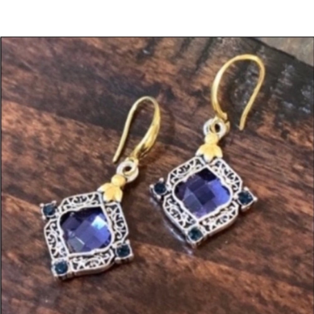 Silver Gold Vintage Style Sapphire Earrings - Picture 7 of 7